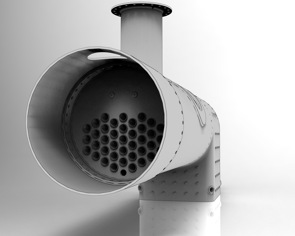 3D model looking into a riveted boiler barrel at the tube plate