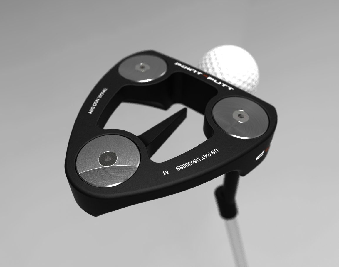 Black golf putter head with a ball
